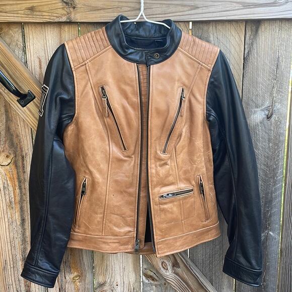 Harley Davidson Women's Leather Moto Jacket NWT XS Tan Black - Picture 1 of 8